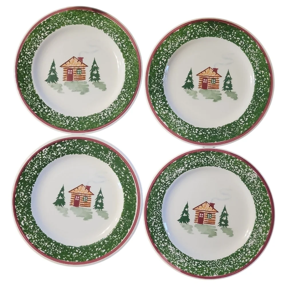 4 Pier 1 Tre Ci Italy Christmas Tree Cabin Salad Dessert Plate 8.5